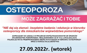 Grafika przedstawia plakat zapraszający do skorzystania z badań w kierunku osteoporozy.